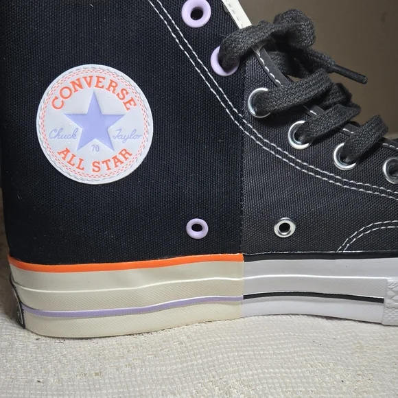 Converse Black High Top Sneakers with Cream, Orange & Purple Trim - Picture 11 of 14